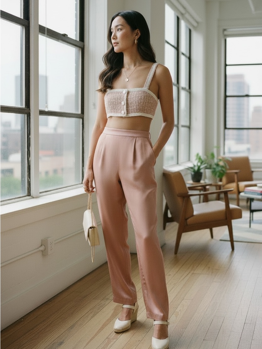 Andrea Iyamah Rose Blush High-Rise Satin Trousers And Olivaceous Crop Top